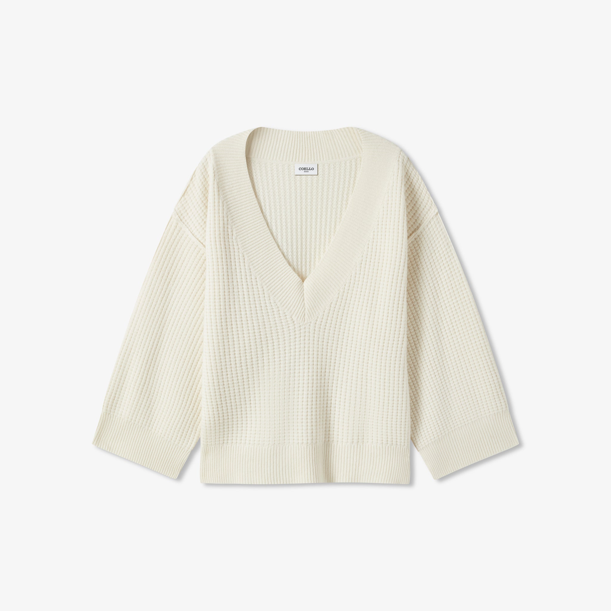 Off-white oversized wool cashmere V-neck sweater, unisex knit pullover with relaxed fit and long sleeves